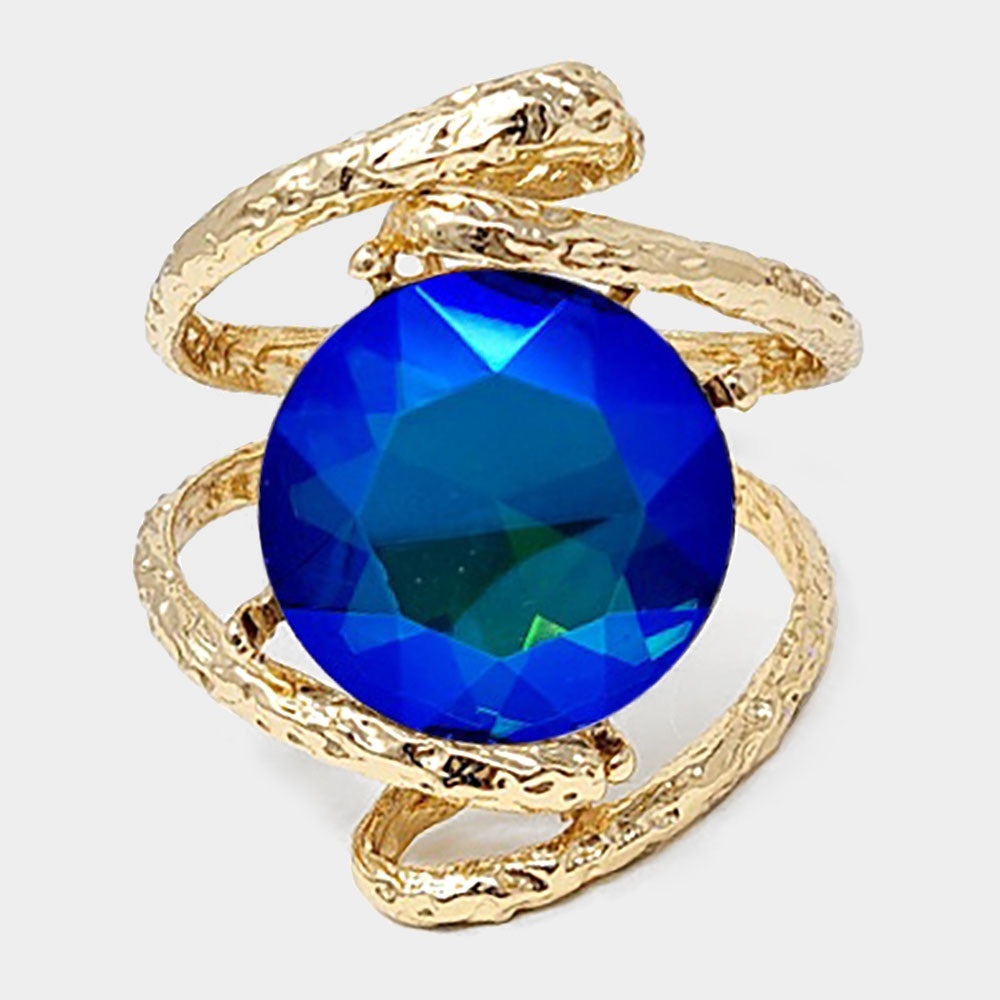 Gold textured detail Round large blue crystal stone hinged bracelet